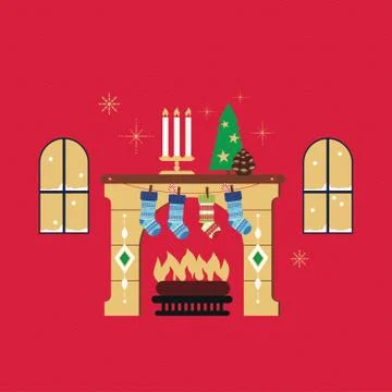 Christmas fireplace red background vector Stock Illustration