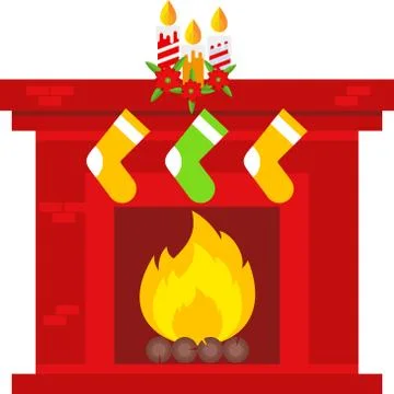 Christmas fireplace scene. Flat vector cartoon illustration. Illustrazione stock