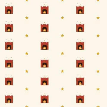 Christmas fireplace seamless pattern with red brick hearth, burning fire and Stock Illustration