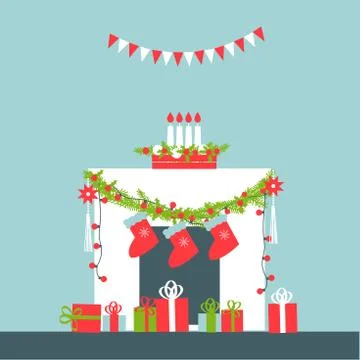 Christmas fireplace. Vector illustration. Stock Illustration