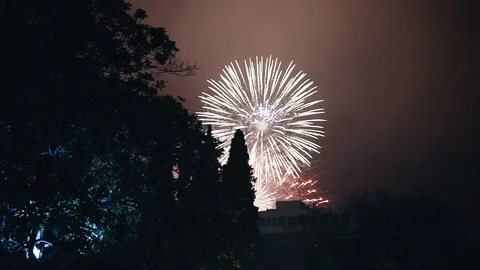 Christmas fireworks explode over the roof of a large building Stock Footage
