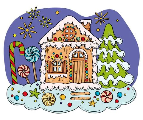 Christmas flat composition. Vector gingerbread house with spruce and candy tr Stock Illustration