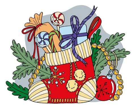 Christmas flat composition. Vector red sock with boxes of gifts, sweet candie Stock Illustration