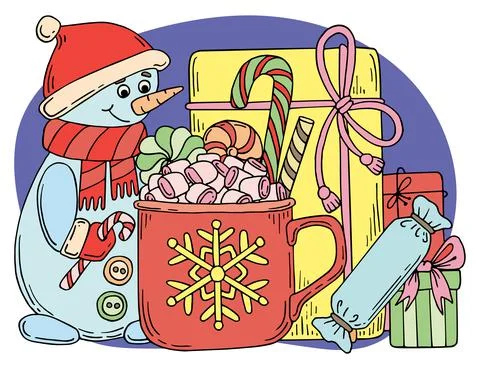 Christmas flat composition. Vector snowman in a hat and a scarf, a mug with a Stock Illustration