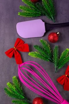 Christmas flat lay with baking tools, spruce twigs and decorations Stock Photos