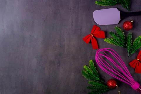 Christmas flat lay with baking tools, spruce twigs and decorations Stock-Fotos