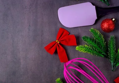 Christmas flat lay with baking tools, spruce twigs and decorations Foto stock