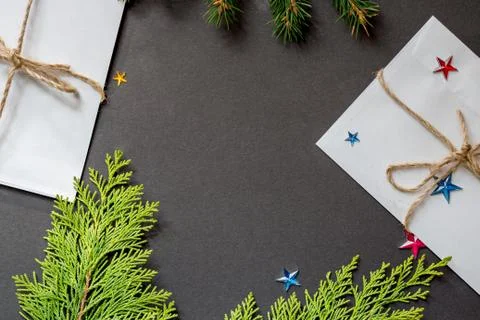 Christmas flat lay on black Stock Photos
