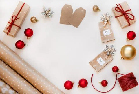Christmas flat lay composition with advent calendar. Stock Photos