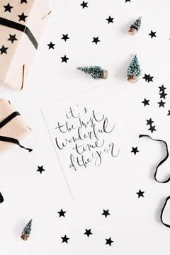 Christmas flat lay composition with calligraphic quote "it's the most wonderf Stock Photos