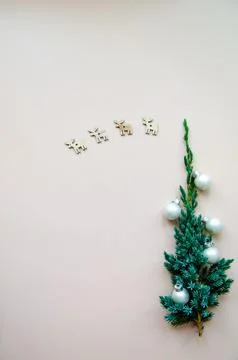 Christmas flat lay composition of craft gift boxes with fir branches 스톡 사진