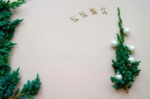 Christmas flat lay composition of craft gift boxes with fir branches Stock Photos