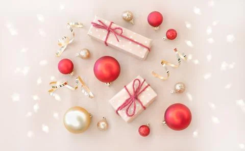 Christmas flat lay composition made from gift box. Stock Photos