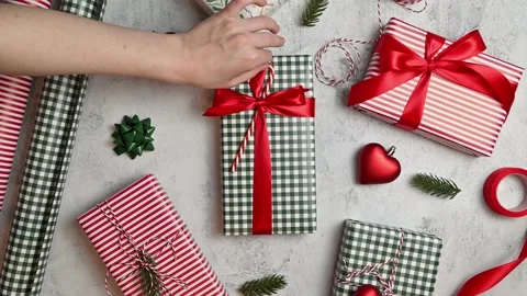 Christmas flat lay with red and green wrapped gift boxes Stock Footage 255183903
