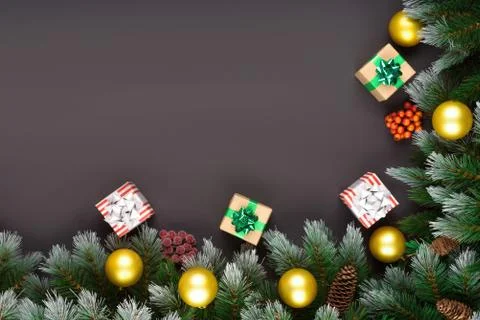 Christmas flat lay scene with git boxes, branch tree Christmas celebration and 写真素材