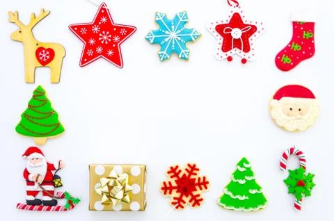 Christmas flat lay styled frame - top view with Christmas gift box and Stock Photos