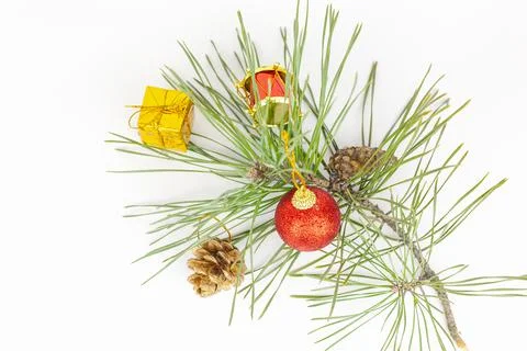 Christmas flat lay styled scene - top view frame with evergreen tree twigs an Stock Photos