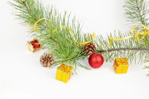 Christmas flat lay styled scene - top view frame with evergreen tree twigs an Stock Photos