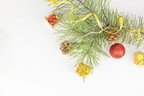 Christmas flat lay styled scene - top view frame with evergreen tree twigs an Stock Photos