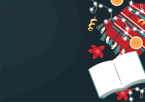Christmas flat lay with a wool wardrobe, a book, a garland and orange slices. Stock Illustration