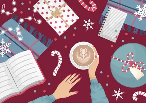 Christmas flat lay with a wool wardrobe, a book, a garland and Christmas gift Stock Illustration