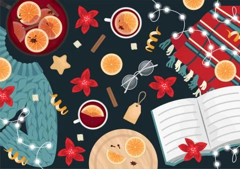 Christmas flat lay with a wool wardrobe and sweater, a book, a garland and or Stock Illustration