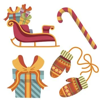Christmas flat vector set of new year images, sleigh, gloves, christmas candy 스톡 일러스트