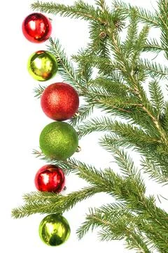 Christmas flatlay composition with empty frame of colorful red green balls an Stock Photos