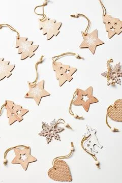 Christmas flatlay decor background on white textile background Stock Photos