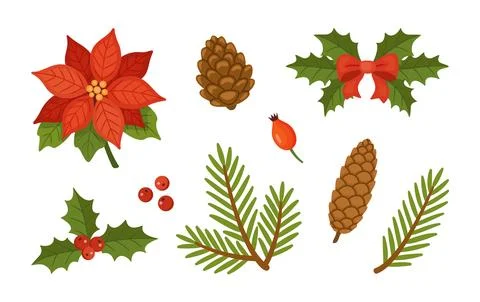 Christmas Floral Elements Mega Set Hand Drawn Flat Vector Icons Stock Illustration