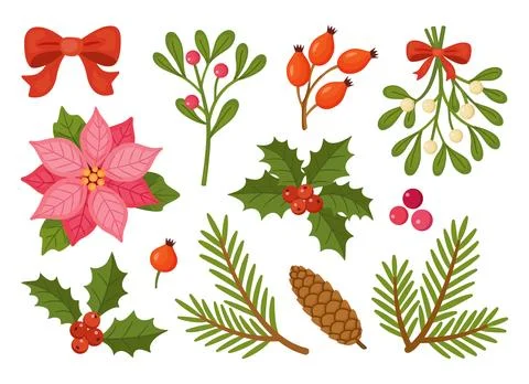 Christmas Floral Elements Mega Set Hand Drawn Flat Vector Kit イラスト素材