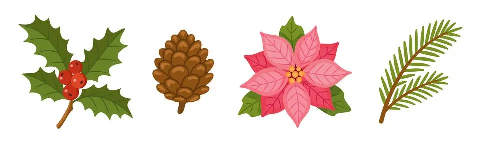 Christmas Floral Elements Set Hand Drawn Flat Vector Decoration イラスト素材