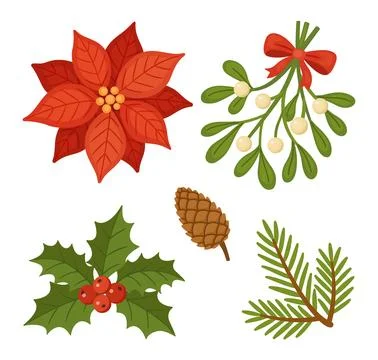 Christmas Floral Elements Set Hand Drawn Flat Vector Decoration イラスト素材