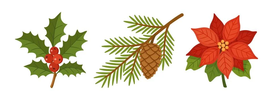 Christmas Floral Elements Set Hand Drawn Flat Vector Decoration イラスト素材