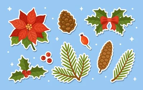 Christmas Floral Sticker Pack Elements Hand Drawn Flat Vector Set Stock Illustration