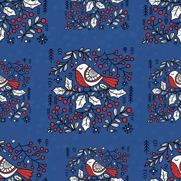 Christmas folk art seamless pattern. Cute bird on holly branch on blue back.. Stock Illustration