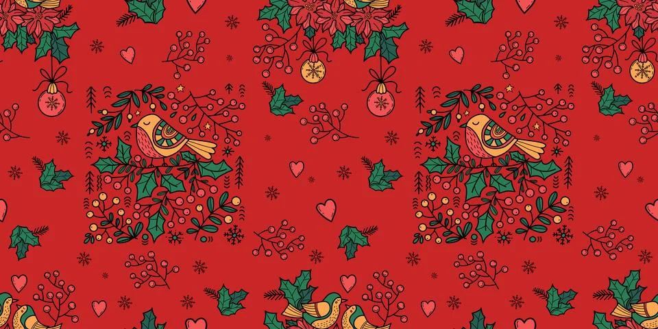 Christmas folk Seamless Pattern. Folk Art Birds on branches holly with Christmas Stock Illustration