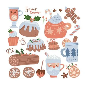 Christmas food and drink big cute set. Gingerbread man, candy, cookies, cupcake Stock Illustration