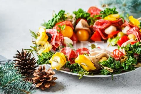 Christmas Food Background. Christmas Wreath Of Holiday Snacks.