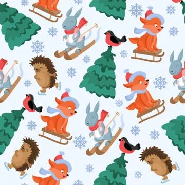Christmas forest animals vector seamless pattern. Funny woodland animal Illustrazione stock