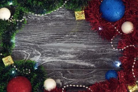 Christmas frame around the frame. Flat lay. New year card gift. Balls, presen Stock Photos