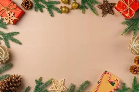 Christmas frame on beige background Foto stock