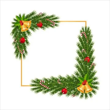 Christmas frame with candy cane and jingle bells. Xmas Corner with snowflakes Stock Illustration