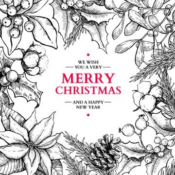 Christmas frame card.Vector hand drawn illustration with holly, Illustrazione stock