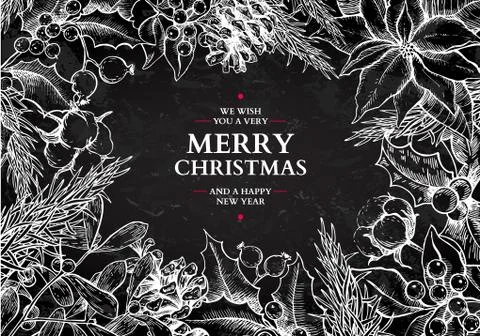 Christmas frame card.Vector hand drawn illustration with holly, Stock Illustration