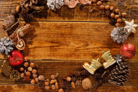 Christmas frame with copy space. Flat lay. Toys cones and New Year's decor. T Stock Photos