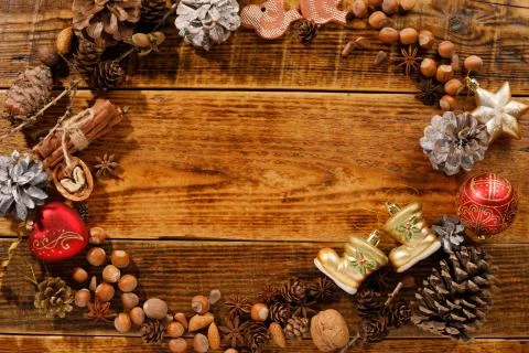 Christmas frame with copy space. Flat lay. Toys cones and New Year's decor. T Stock Photos