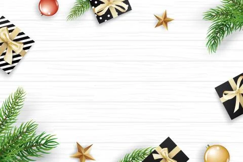 Christmas frame with copy space for text on white wooden background. Vector i Stock Illustration