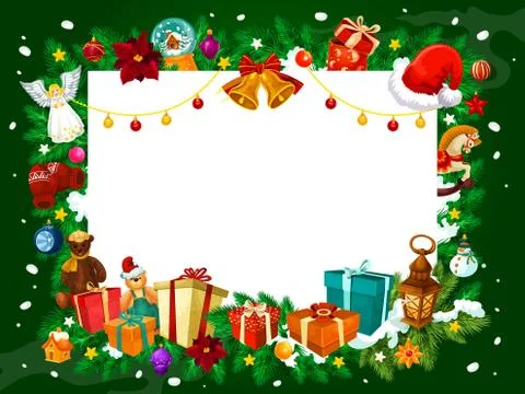 Christmas frame of gifts and tree decorations Stock Illustration