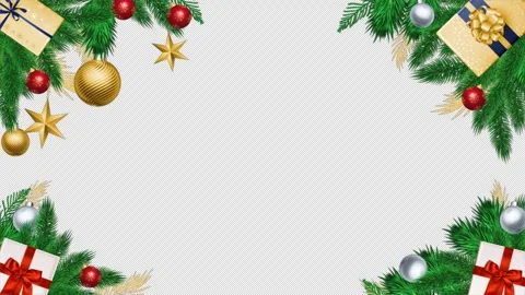 Christmas Frame Green Pine Branches Gifts And Gold Ornaments Border On Tran.. Stock Footage 319689131